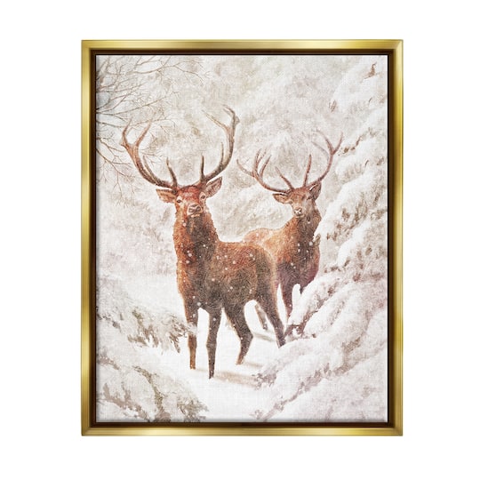 Stupell Industries Elks Snowy Forest Wildlife Black Framed Floater Canvas Wall Art